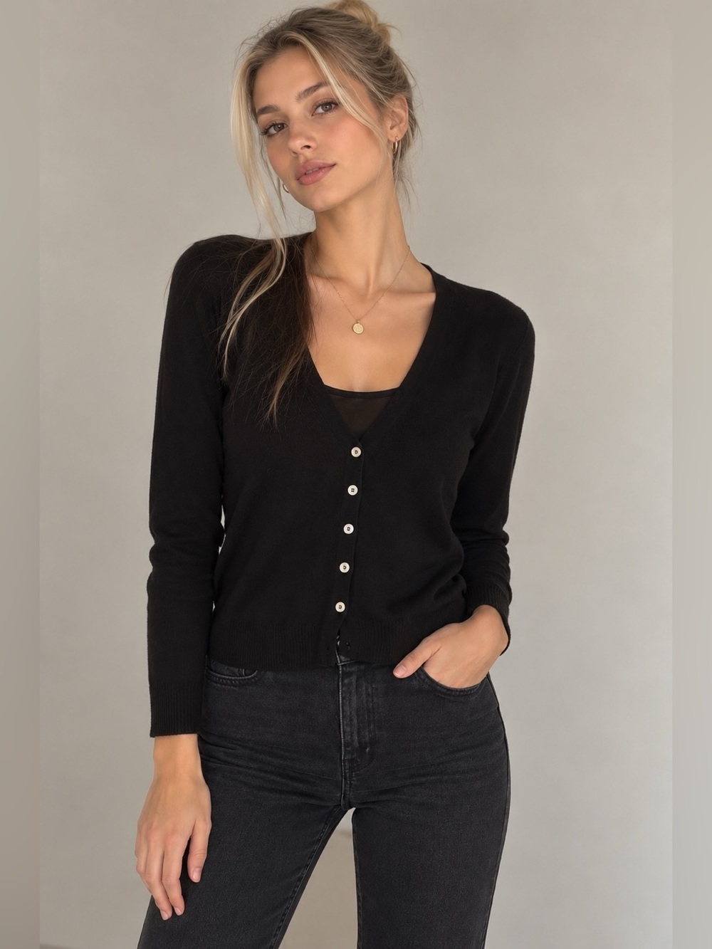 Stefanel Black Layered Knit Cardigan Sheer Chiffon Detail Button Front